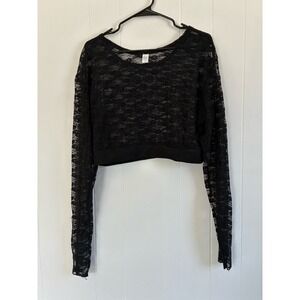 Black Floral Lace Crop Top Sheer Long Sleeve Gothic Romance Aesthetic - Size XXL